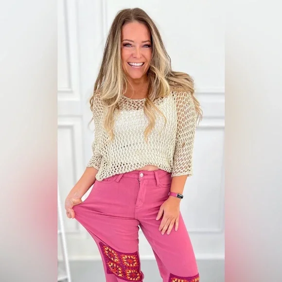 Judy Blue Pink Wide-Leg Jeans with Crochet Patches with all the stretch. - Picture 3 of 6